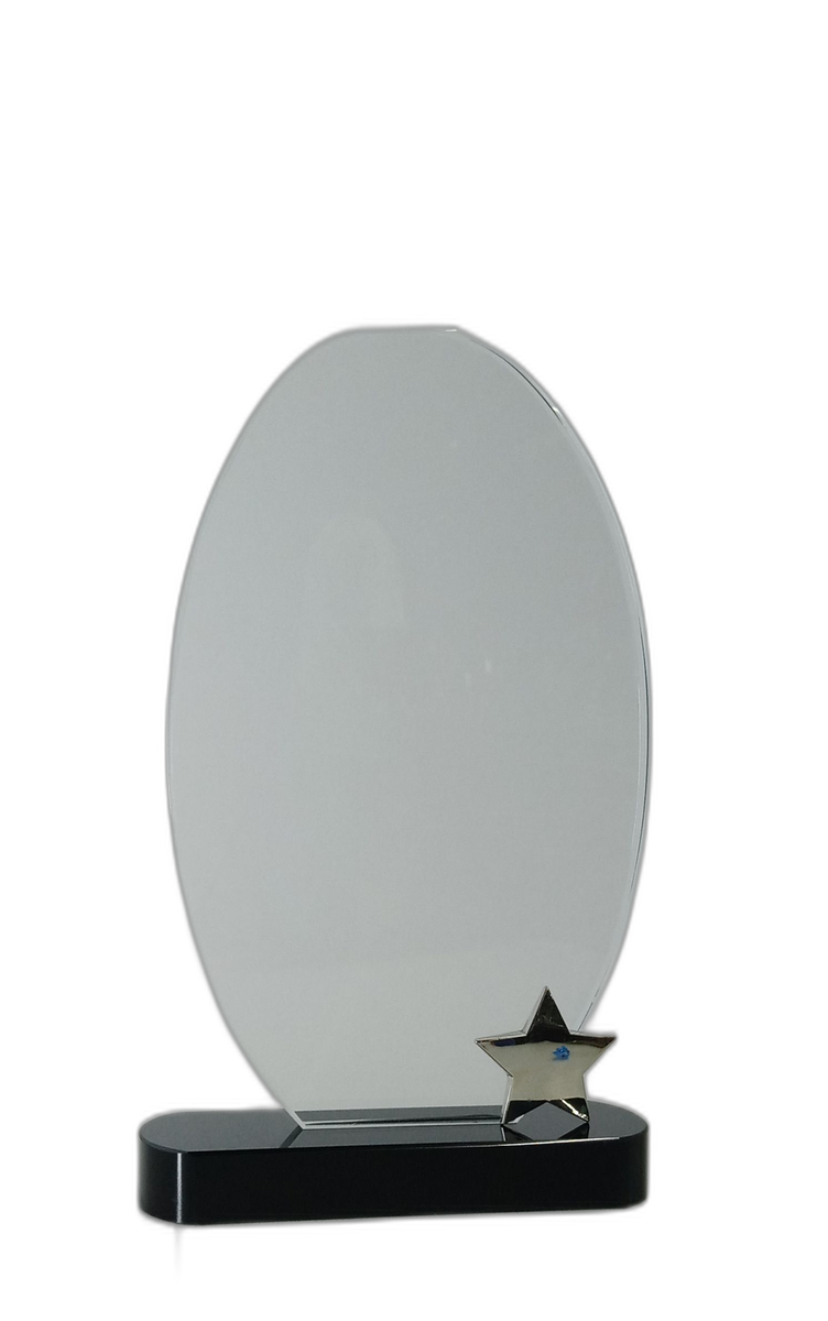 Clear crystal trophy plaque with gold star accent on a black glass base