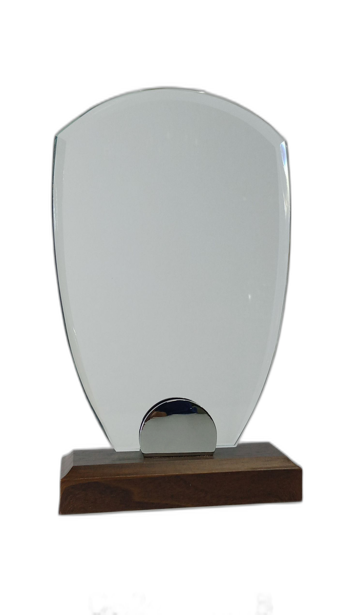 Crystal award plaque mounted on a wooden base, custom engraved